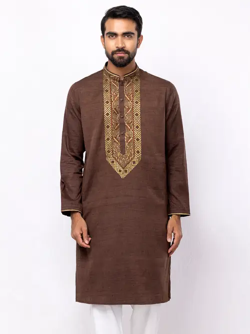 Coffee Erri Embroidered Cotton Panjabi